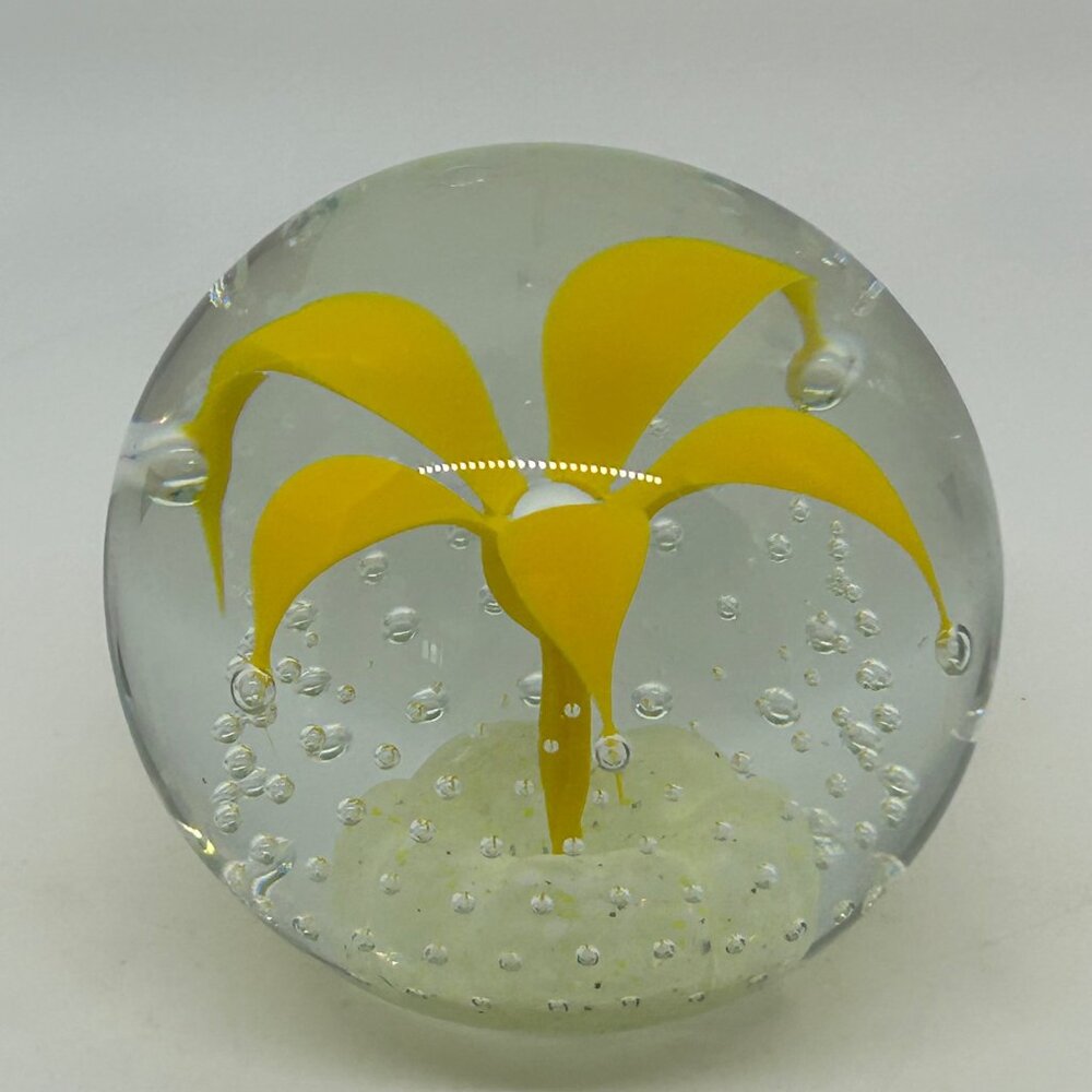 Wheaton Glass Controlled Bubble Paperweight With Yellow Flower Design - Picture 5 of 16